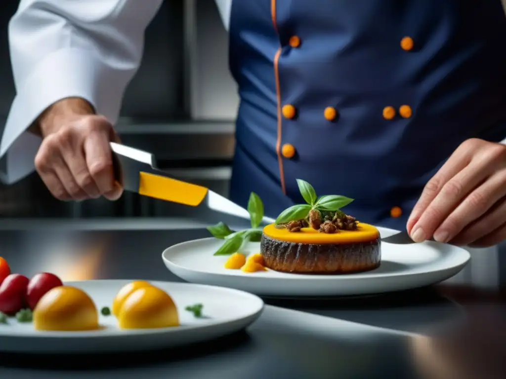 Un chef con estrella Michelin en una cocina europea moderna, creando un impactante plato con tecnología culinaria de vanguardia