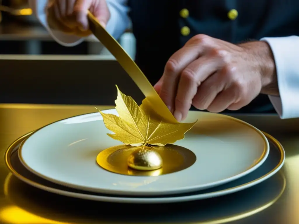 Un chef de estrella Michelin coloca con delicadeza pan de oro en un exquisito plato en un restaurante de lujo en San Sebastián