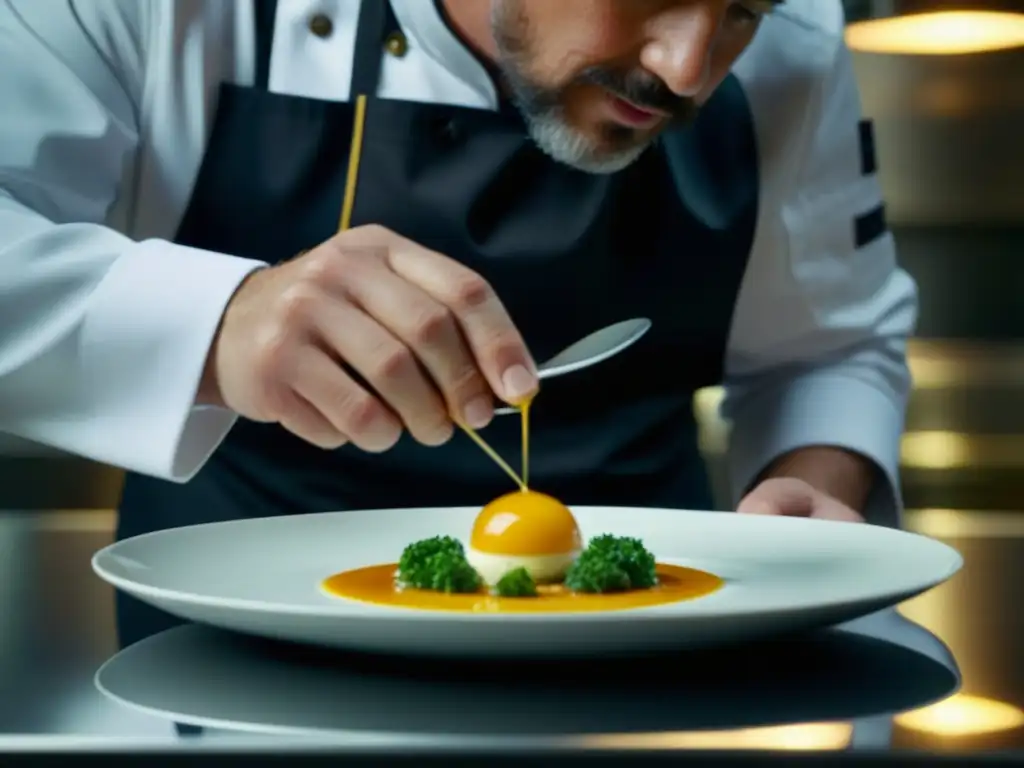 Un chef con estrella Michelin creando una obra de arte culinaria en una cocina europea de vanguardia, fusionando tecnología y arte culinario, impacto nuevas tecnologías cocina europea