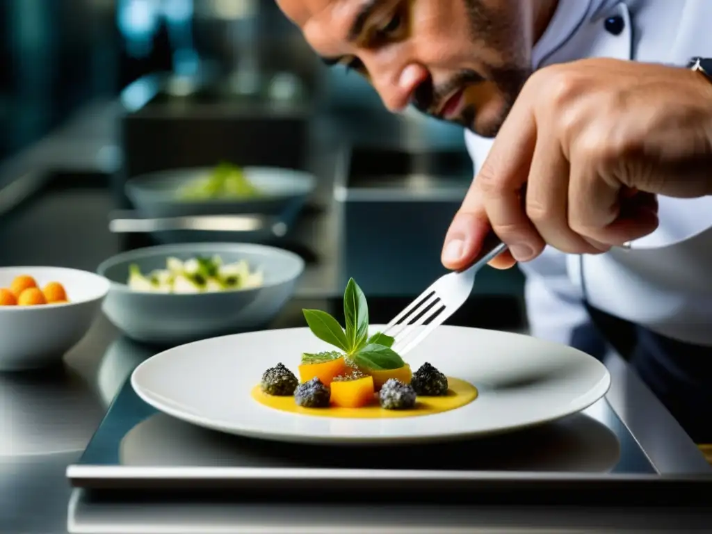 Chef con estrella Michelin creando plato de lujo en cocina de San Sebastián