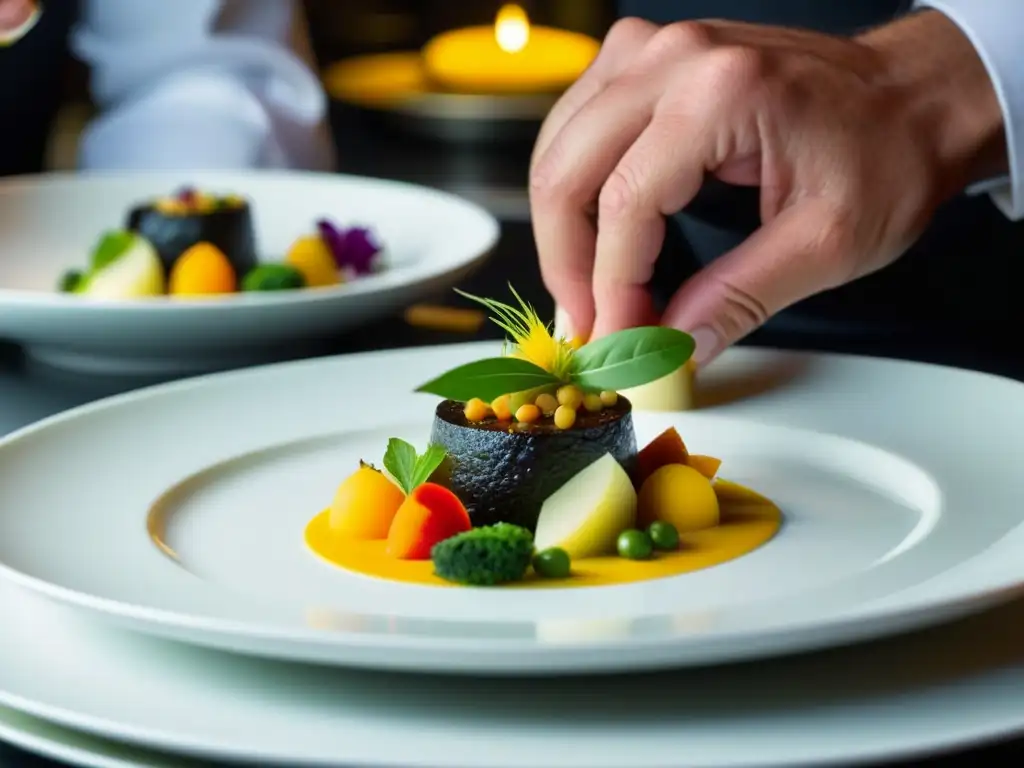 Chef estrellado en San Sebastián creando un plato gourmet con precisión y arte