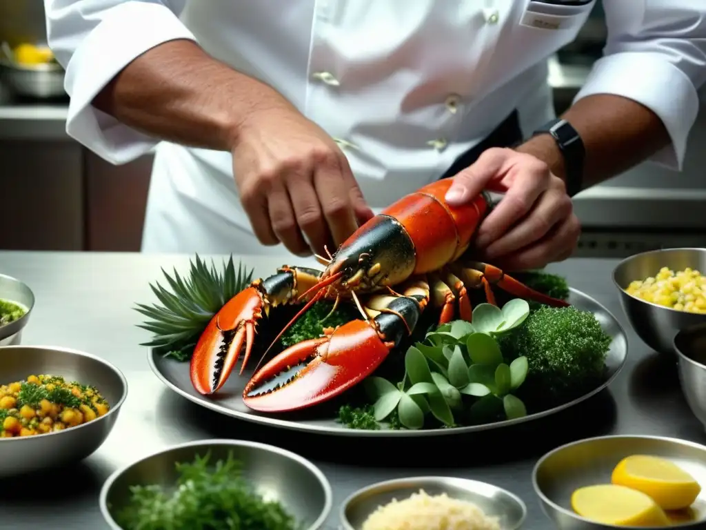 Un chef europeo prepara con maestría un exquisito plato de bogavante americano en una bulliciosa cocina