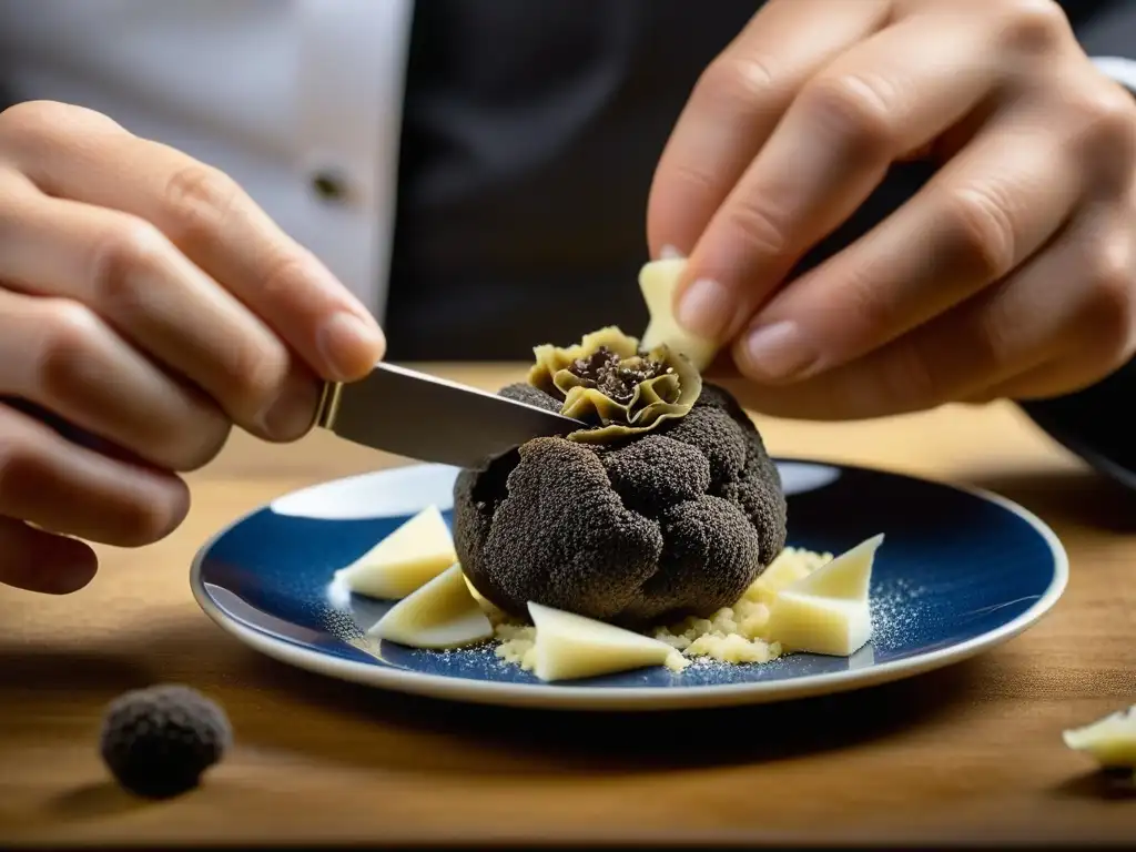 Un chef europeo narra la historia culinaria de una trufa mientras la ralla sobre un plato exquisito