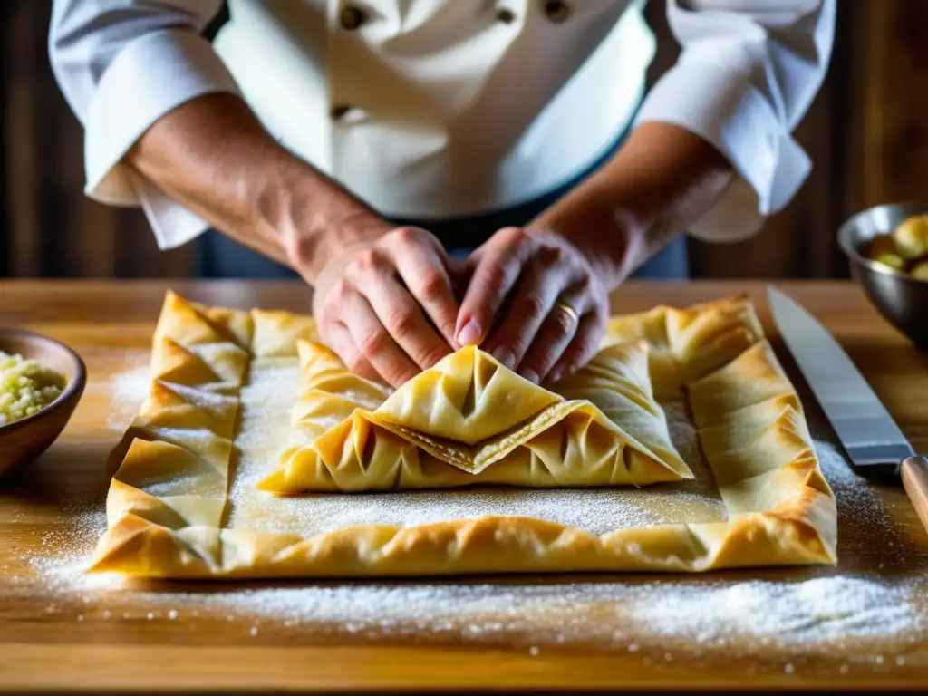 Un chef europeo del siglo XIX experto en repostería, cuidadosamente dobla capas de masa filo para crear un baklava perfectamente escamoso