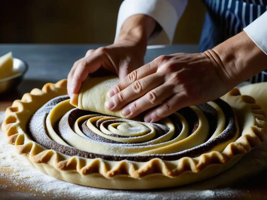 Un chef europeo del siglo XIX elabora una tradicional tarta americana con influencia europea, mostrando maestría en la cocina