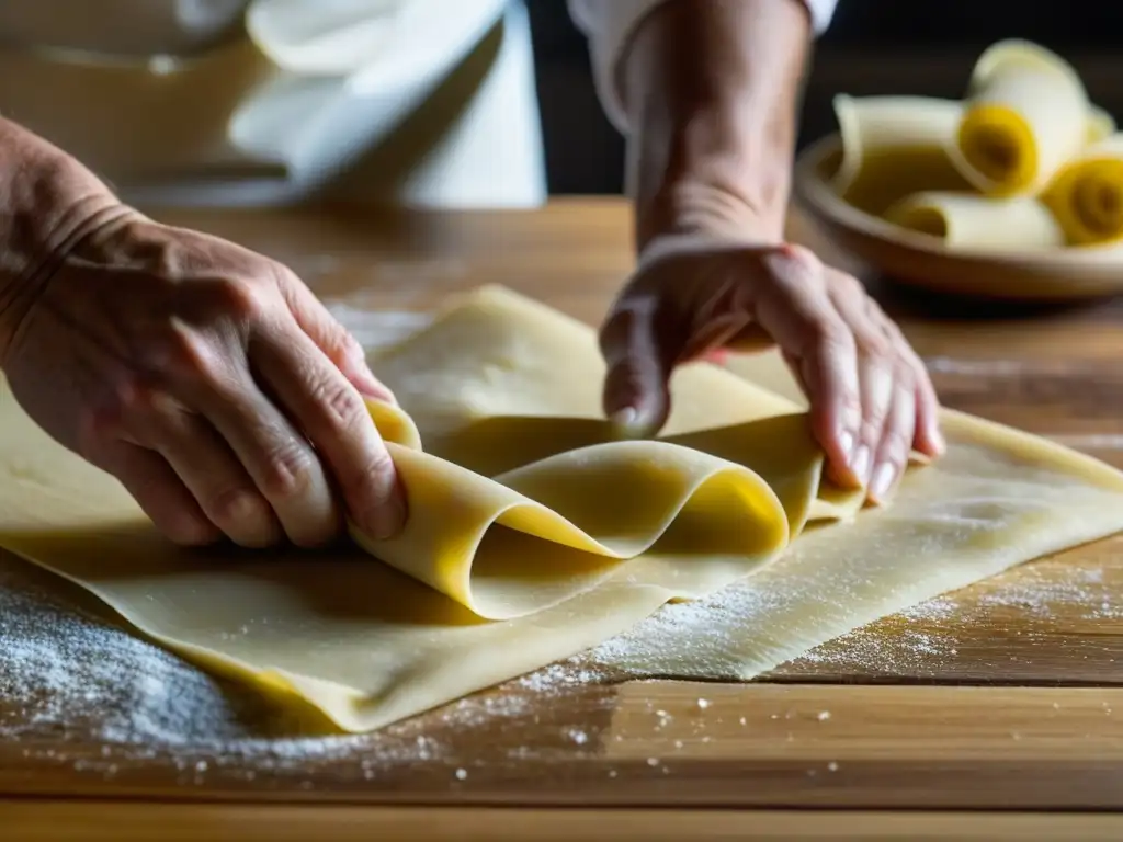 Un chef experimentado amasa finas láminas de masa fresca, fusionando la influencia de la gastronomía italiana en Sudamérica