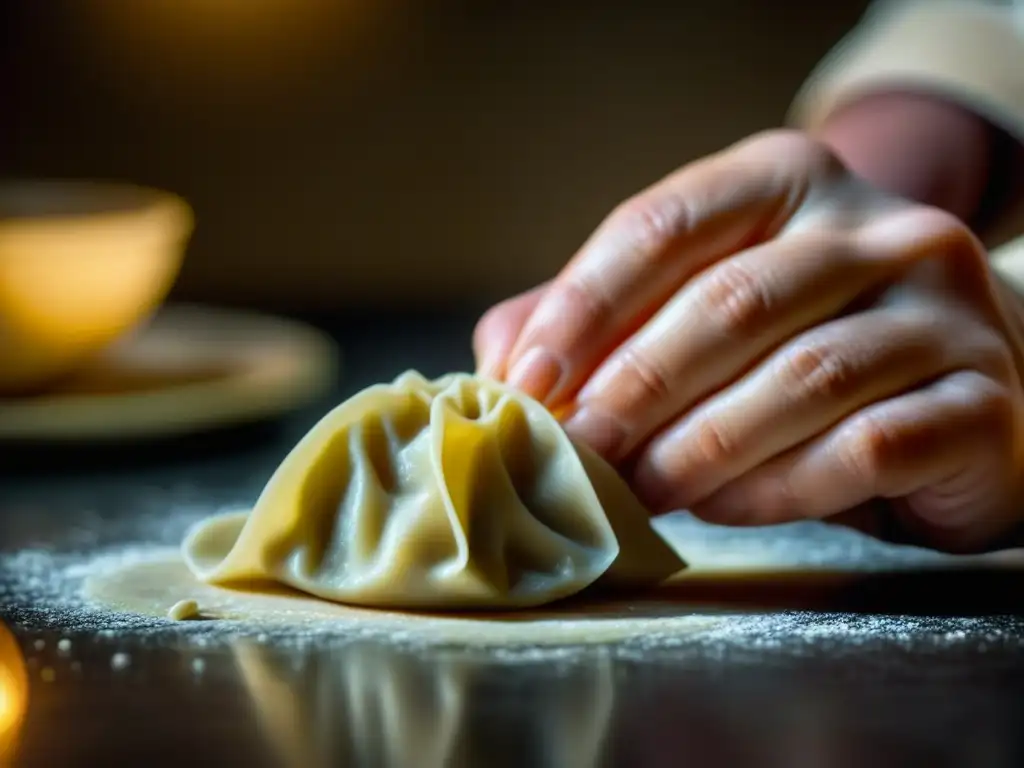 Arte culinario: Maestro doblando dumplings en la penumbra Un chef experimentado dobla hábilmente dumplings en una cocina tenue, mostrando el intercambio culinario Asia Europa