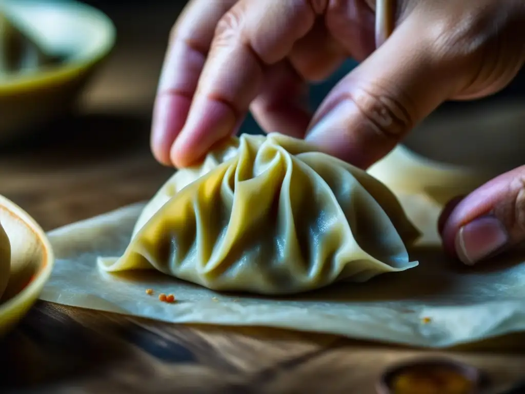 Un chef experimentado crea con destreza un dumpling delicado, destacando la fusión IndoChina en la cocina