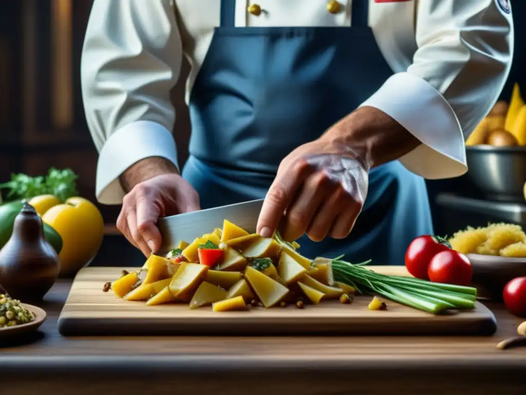 Un chef experimentado prepara con detalle una receta histórica de la época dorada americana, mostrando pasión y destreza culinaria