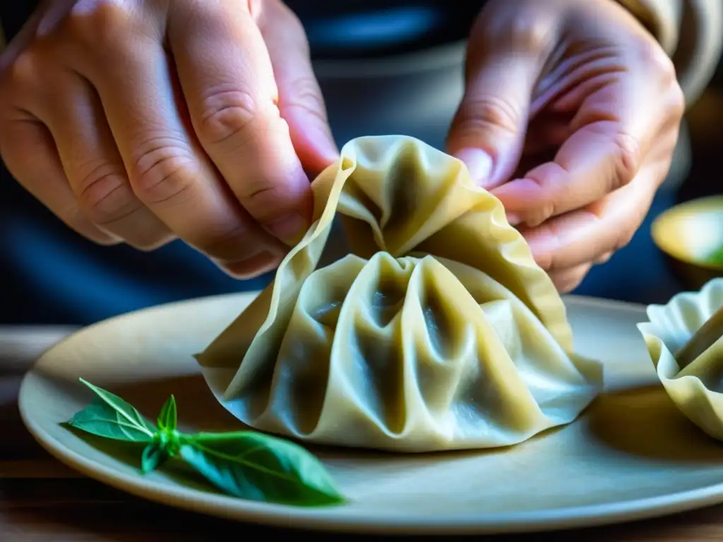 Un chef experimentado crea dumplings con destreza en un mercado asiático, mostrando la técnica ancestral