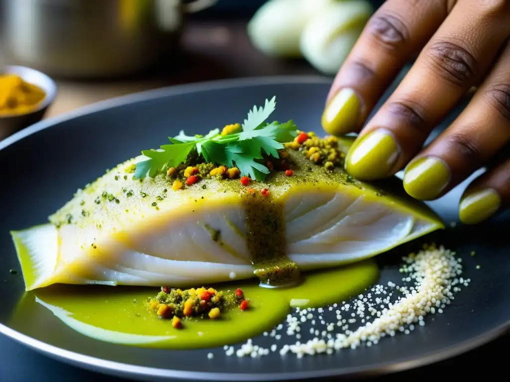 Un chef experimentado sazona con esmero un fresco Ilish con especias bengalíes para preparar Bhapa Ilish