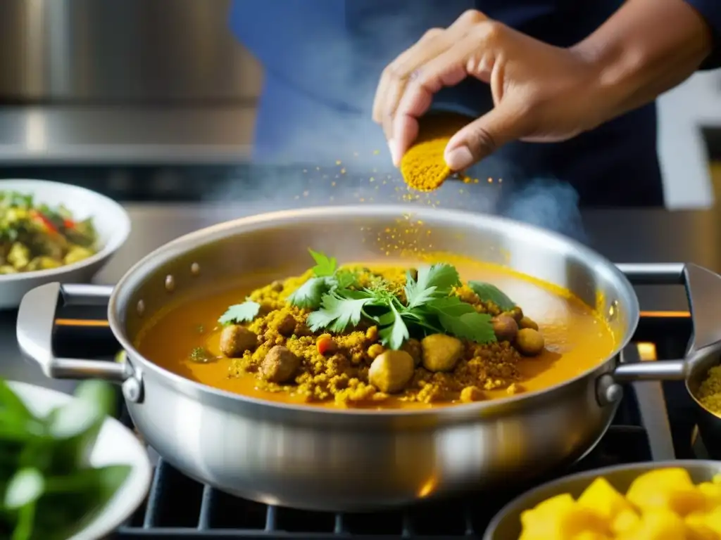 Un chef experimentado añade especias a un vibrante curry en una cocina bulliciosa