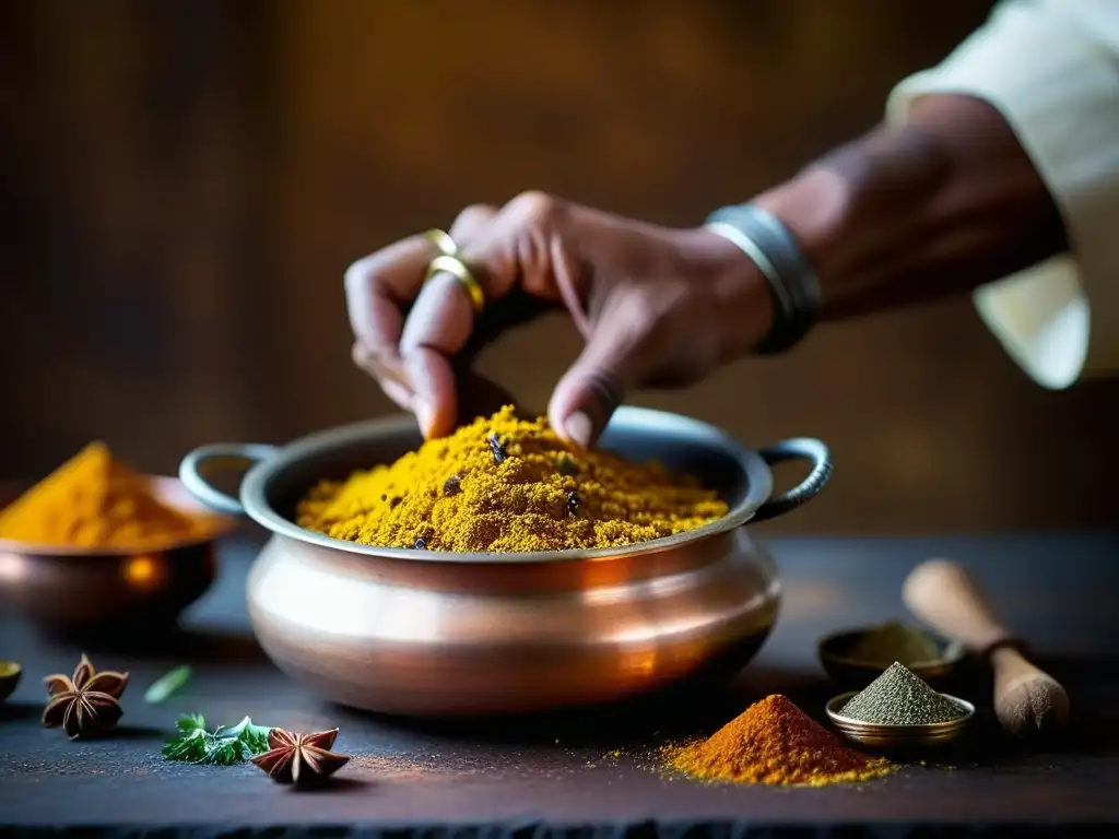 Un chef experimentado de Rajastán añade especias vibrantes a una olla de cobre, mostrando arte culinario y tradición