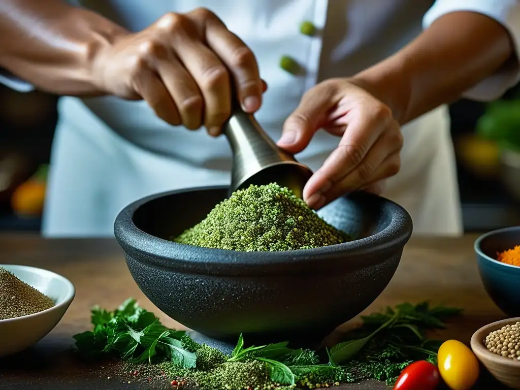 Chef experimentado mezclando ingredientes con maestría en un mortero y pilón, resaltando innovaciones en la cocina IndoChina