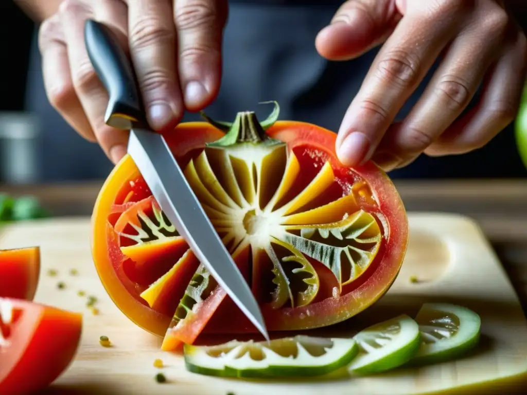 Un chef experimentado corta una jugosa tomate con precisión