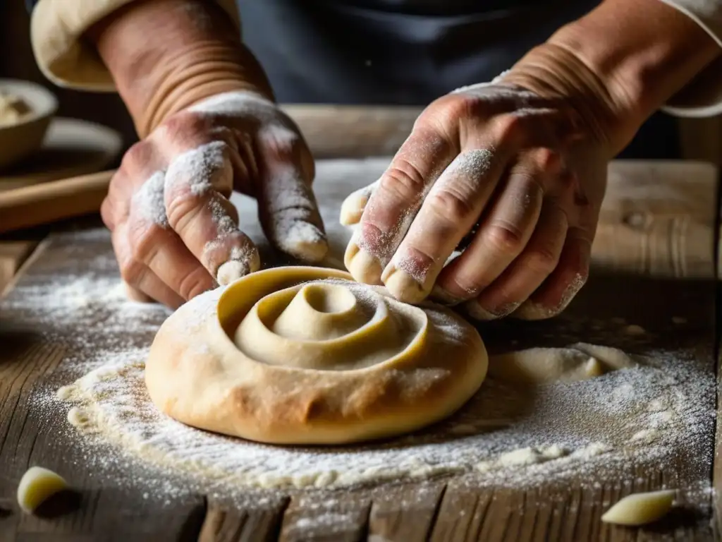 Un chef experimentado moldea la masa con destreza en una superficie rústica