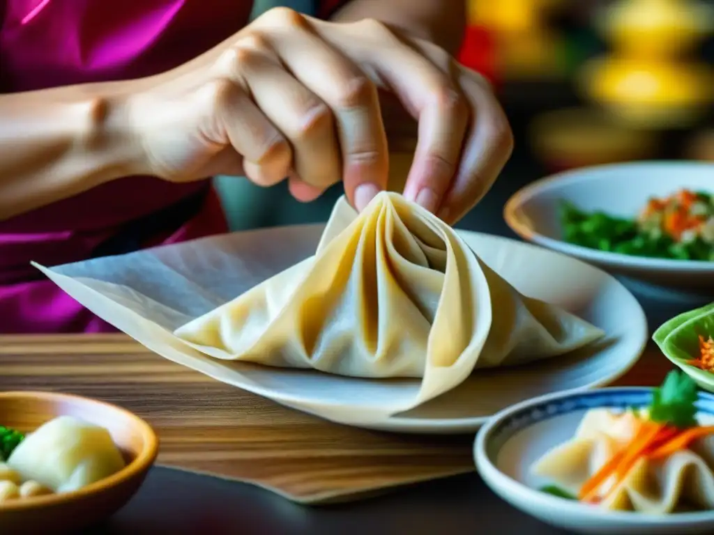 Maestría culinaria: manos expertas creando wontons en mercado asiático Un chef experimentado, en un mercado asiático vibrante, experto en el intercambio culinario Asia Europa, crea wontons con destreza