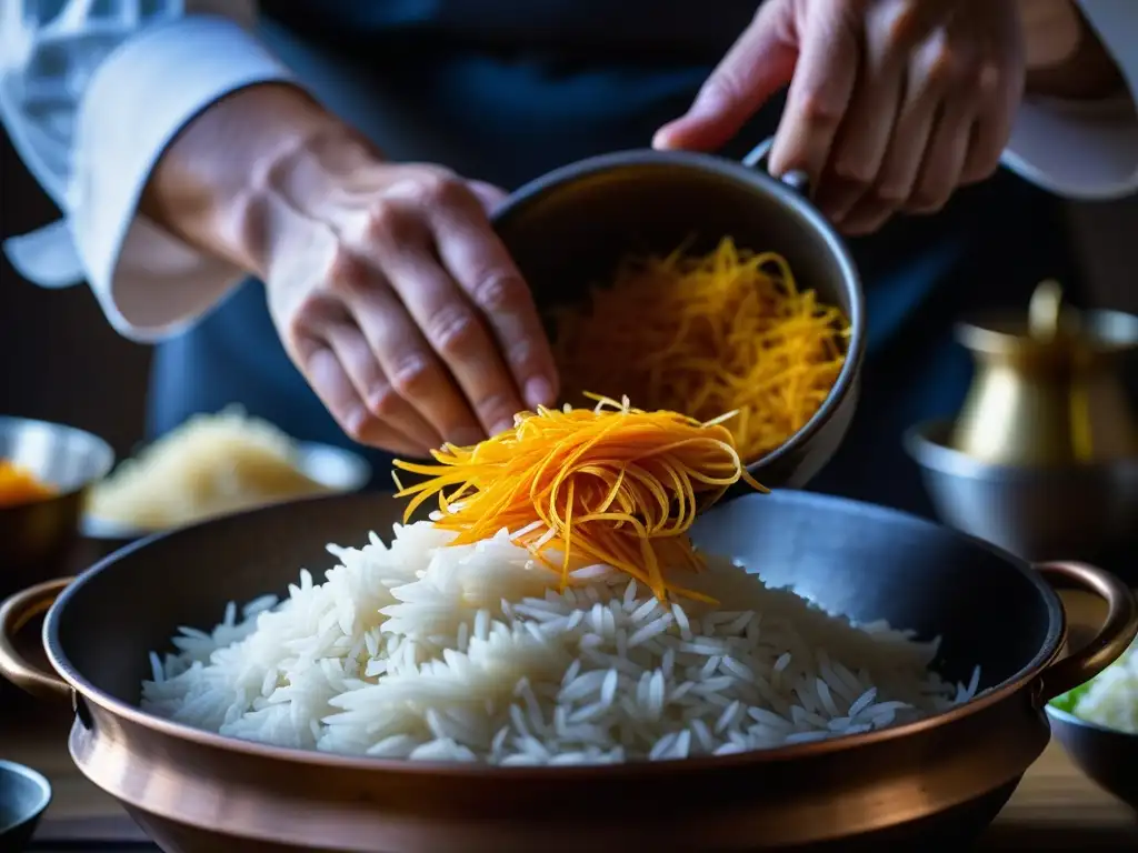 Chef experimentado mezcla azafrán en arroz basmati en olla de cobre