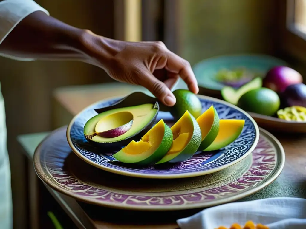 Un chef experimentado crea una obra de arte culinaria con ingredientes vibrantes en un plato de cerámica antiguo