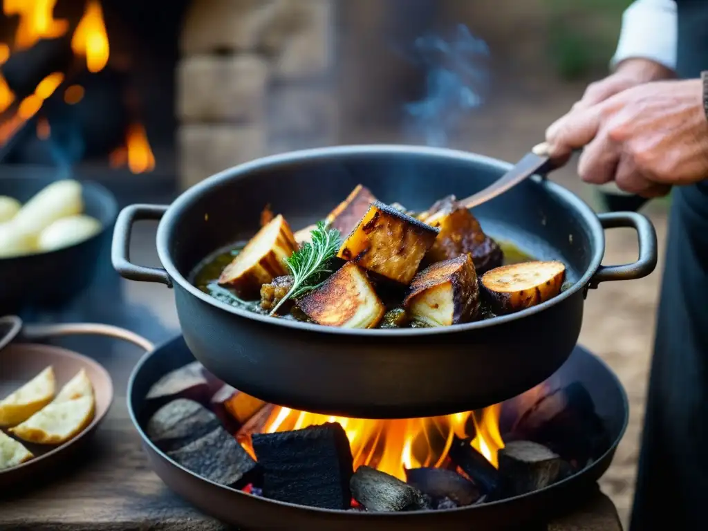 Chef experimentado sostiene olla de hierro centenaria sobre fuego, cocinando receta histórica del Renacimiento