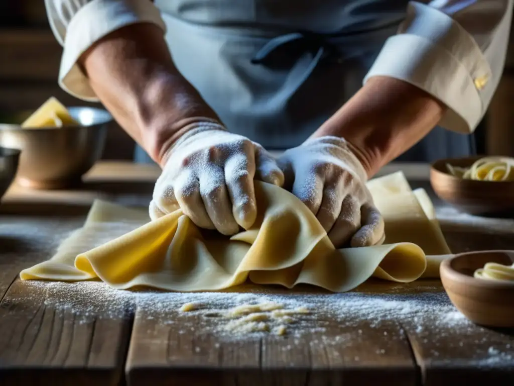 Un chef experimentado elabora pasta casera en una cocina acogedora, mostrando la tradición culinaria