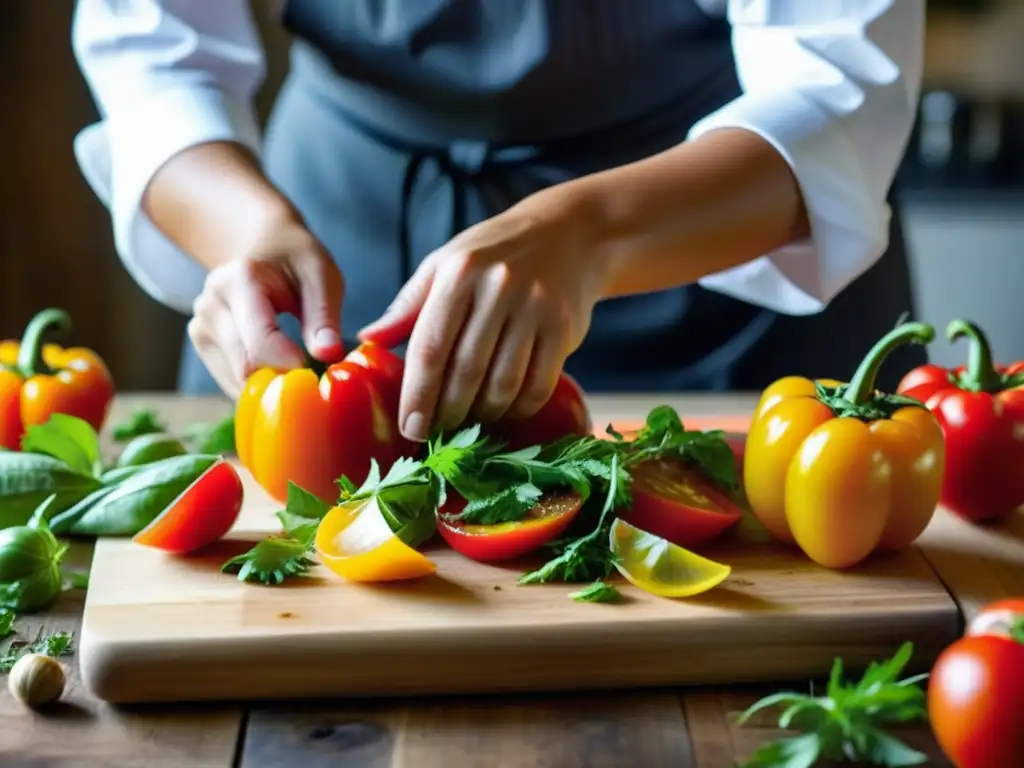 Una chef experta corta ingredientes frescos con precisión en tabla de madera, resaltando la importancia de las mujeres en la historia de la cocina