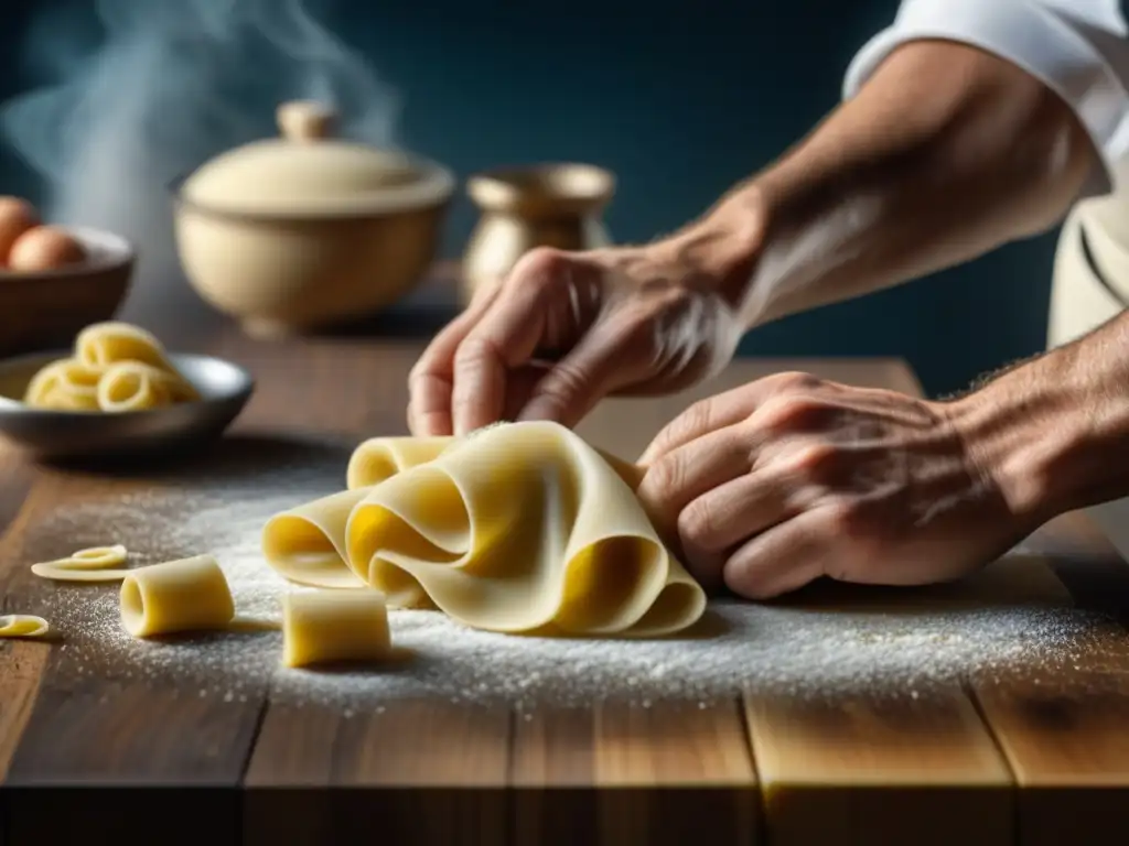 Maestría en la cocina: manos expertas amasan pasta fresca Un chef experto amasa pasta fresca en un mostrador de madera, fusionando la inmigración y cocina en Sudamérica