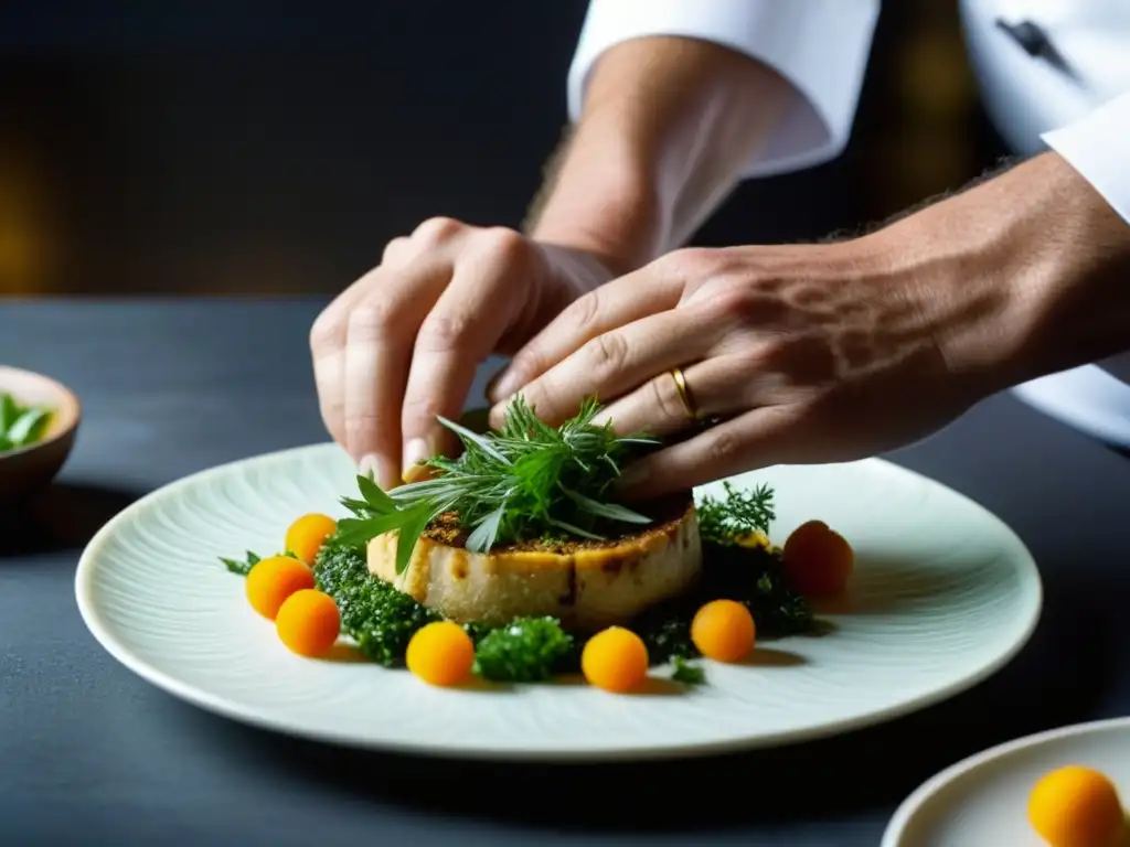 Un chef experto fusiona antigüedades en la cocina moderna, colocando hierbas vibrantes con destreza en un plato exquisito