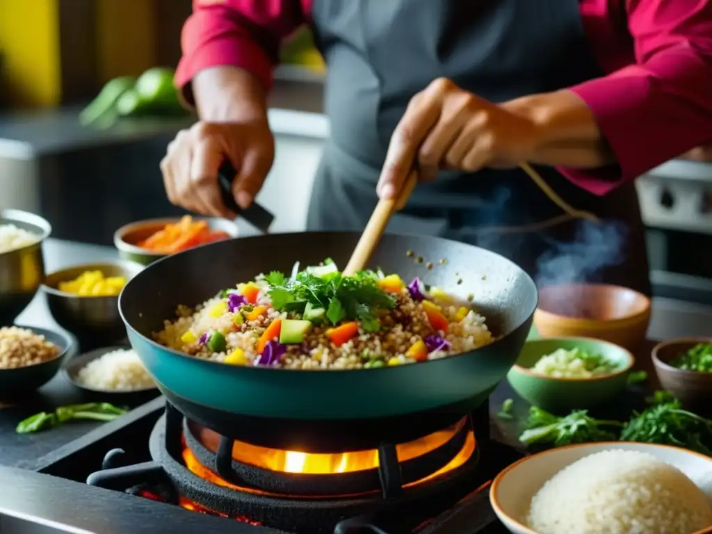 Un chef experto preparando Arroz Chaufa en una cocina peruana bulliciosa