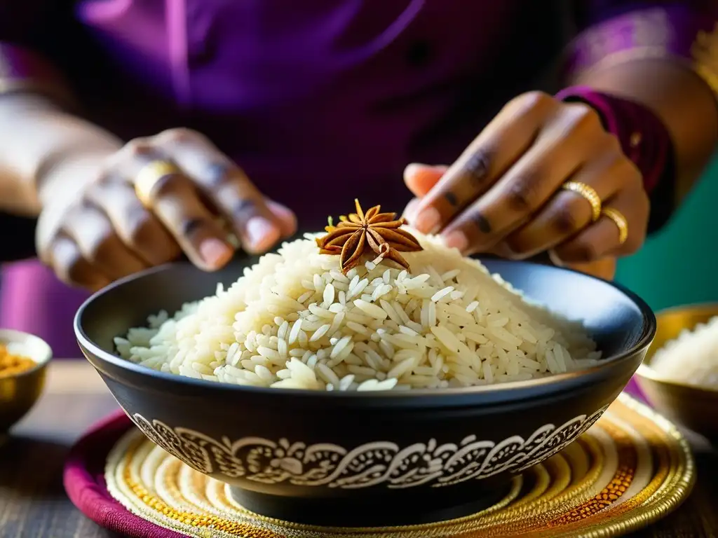 Un chef experto coloca arroz cocido en un tazón ornamental, destacando la diversidad del arroz en la cocina asiática