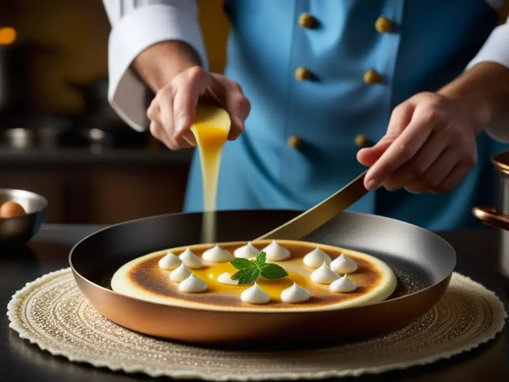 Chef experto dorando blini en sartén, en cocina rusa tradicional