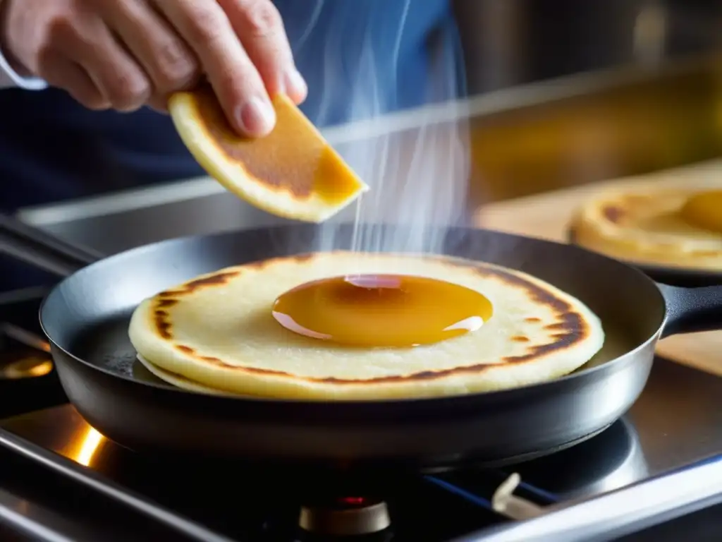 Un chef experto preparando un blini tradicional ruso en una sartén caliente