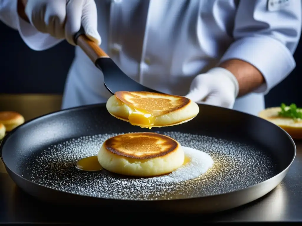 Un chef experto prepara blinis dorados en una sartén, reflejando la tradición culinaria rusa