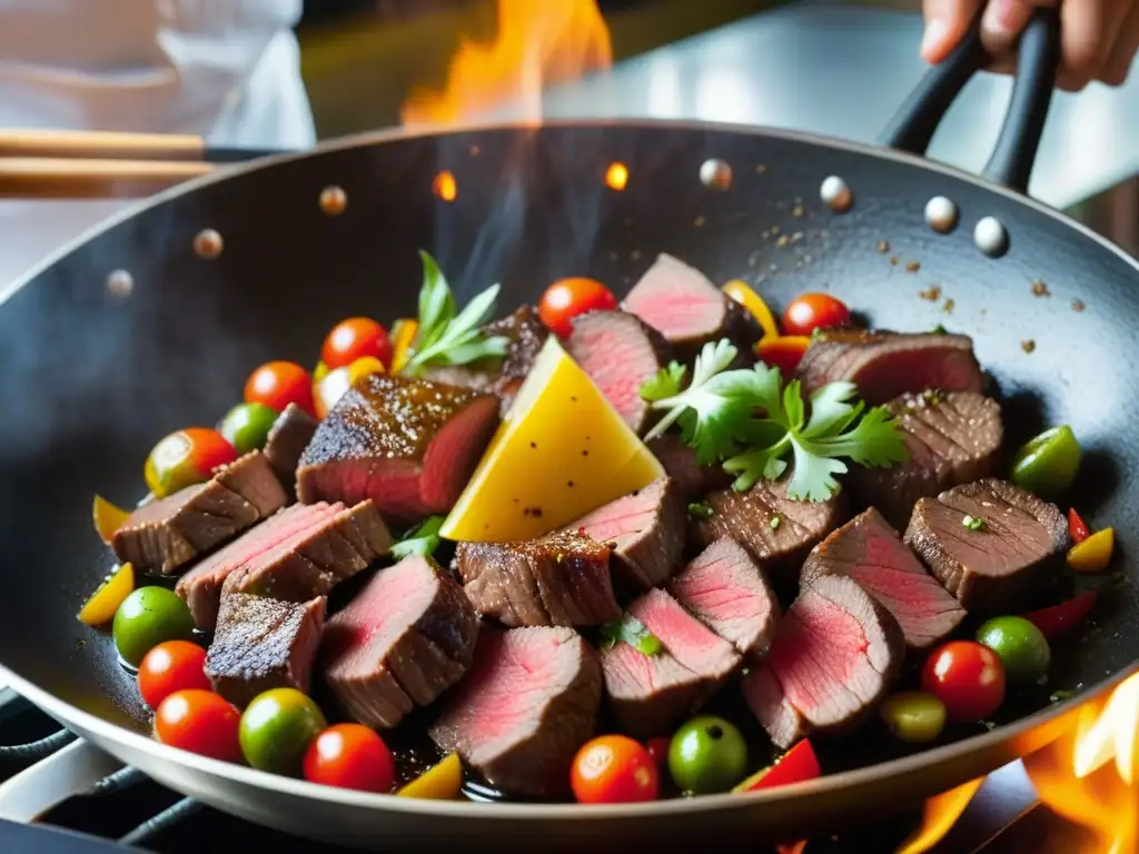 Un chef experto en una bulliciosa cocina peruana preparando Lomo Saltado, capturando la historia del plato cultural