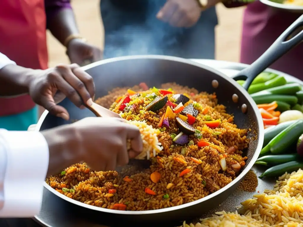 Un chef experto sazona jollof rice en un bullicioso mercado africano al atardecer, destacando la cocina africana moderna en eventos festivales