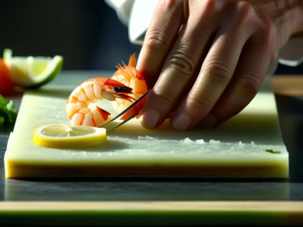 Un chef experto cortando camarones para preparar Carpaccio de Camarón