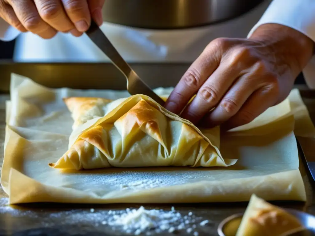 Un chef experto dobla capas finas de masa filo para baklava, mostrando la influencia de revistas técnicas culinarias tradicionales