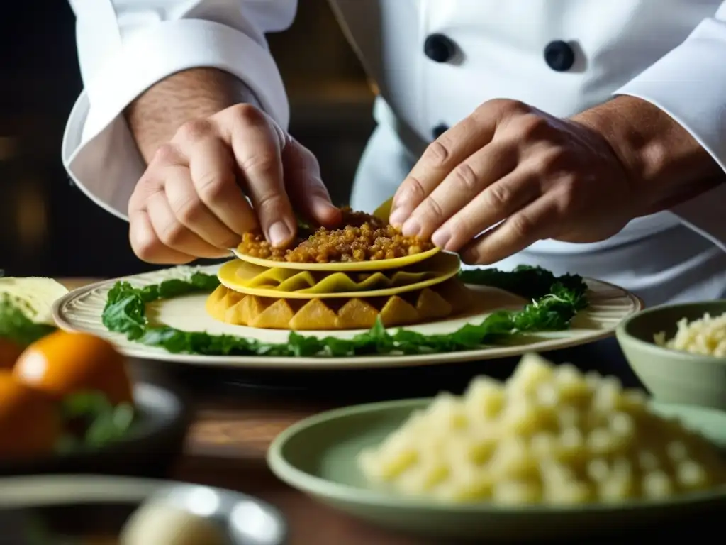 Chef experto preparando receta tradicional con precisión Un chef experto ensambla capas de un platillo tradicional, destacando la importancia de la precisión en recetas históricas
