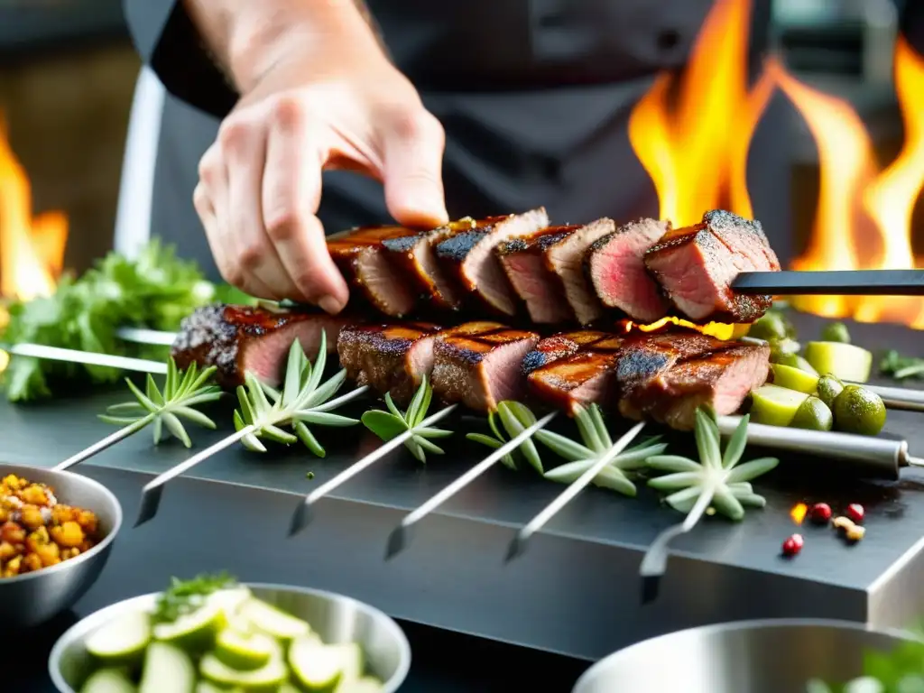 Un chef experto ensartando carne marinada con precisión en un pincho, resaltando el origen y evolución del kebab