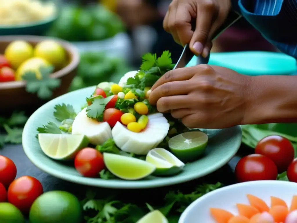 Un chef experto prepara un ceviche peruano en un mercado de Lima, fusionando sabores españoles e indígenas