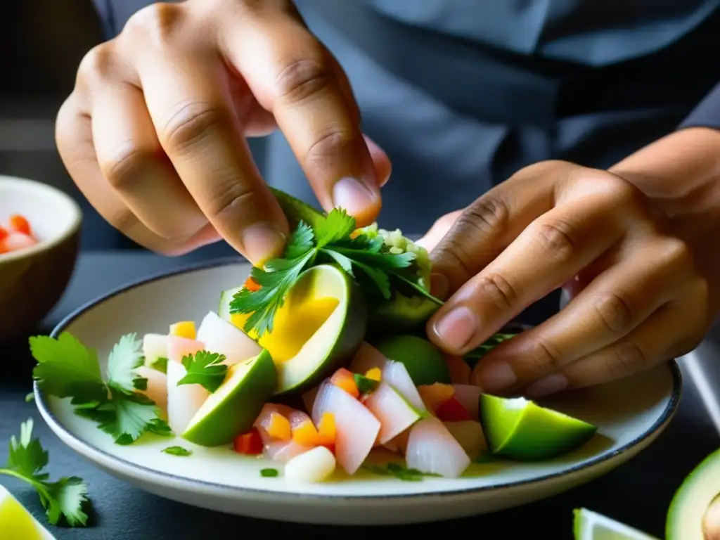 Un chef experto preparando ceviche nikkei, fusionando sabores japoneses y peruanos