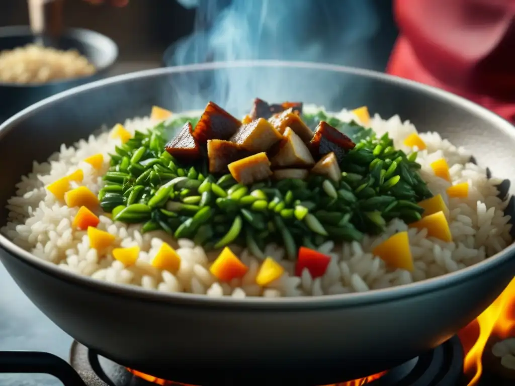 Un chef experto remueve Arroz Chaufa en un wok humeante