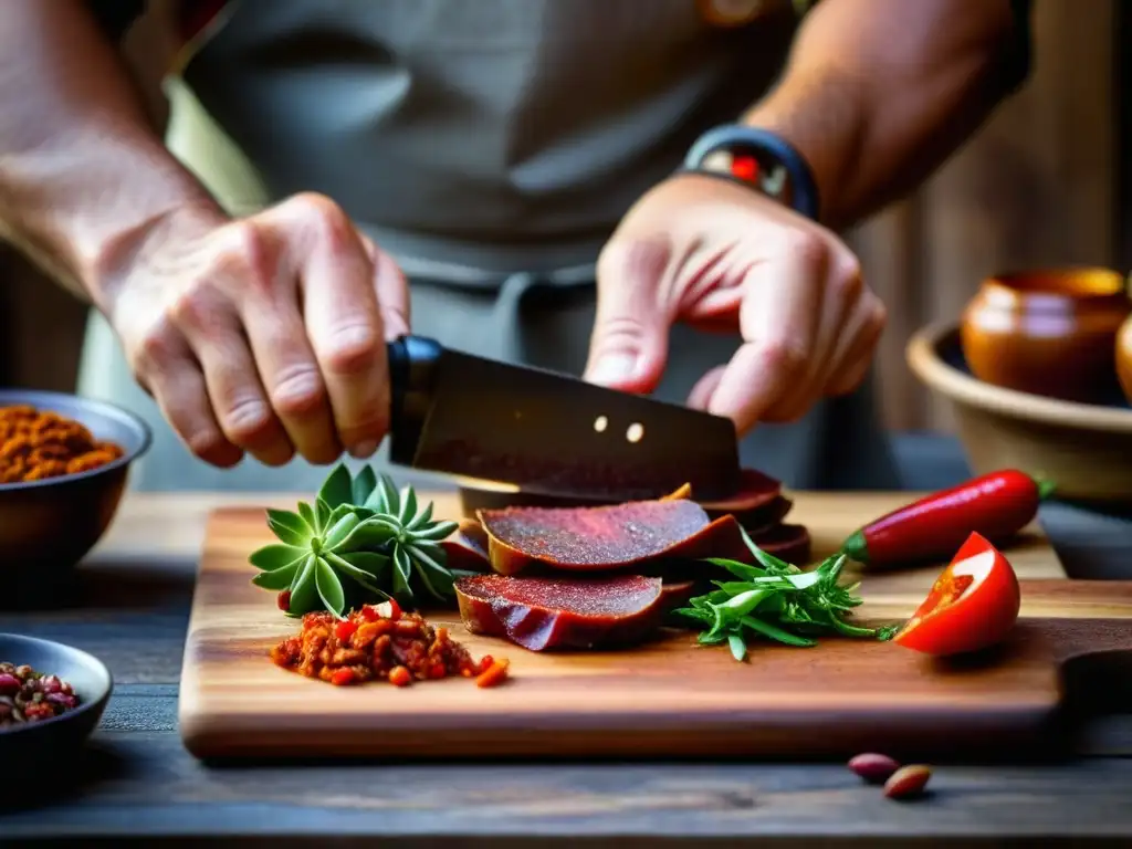 Un chef experto cortando chorizo en una cocina rústica de Pamplona