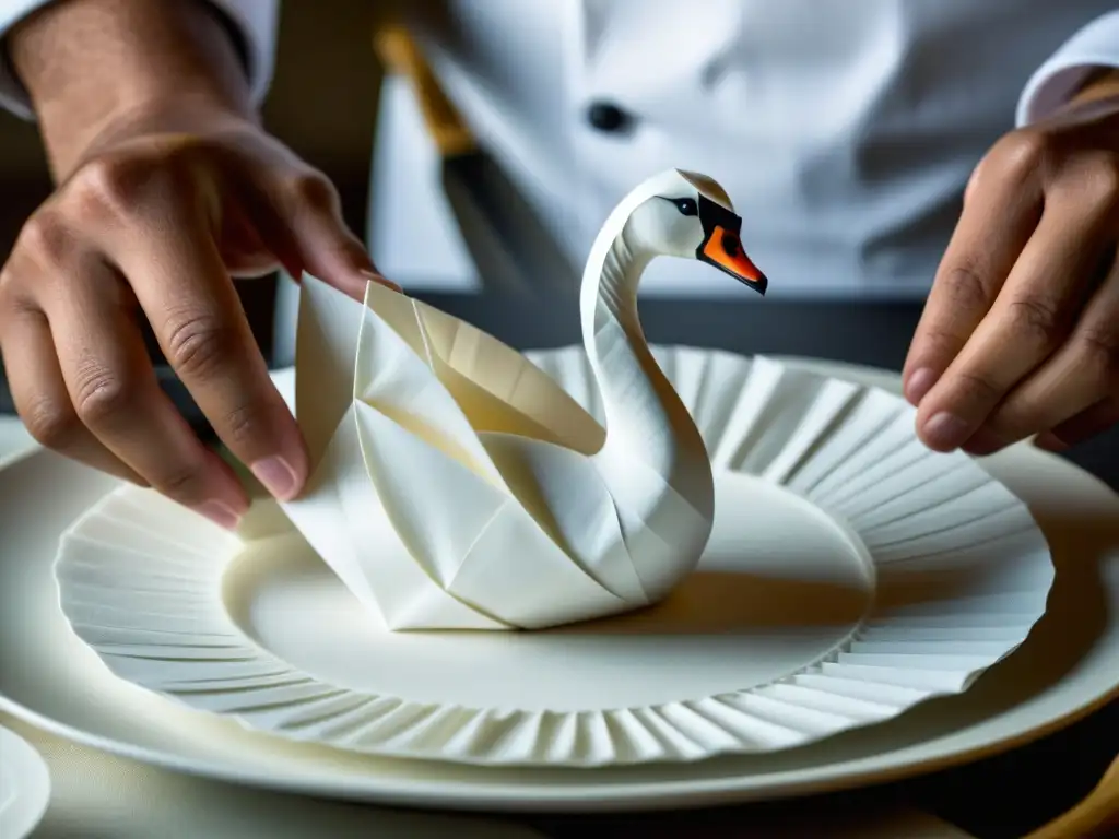 Un chef experto crea un cisne de servilleta inspirado en origami, destacando la influencia de revistas técnicas culinarias tradicionales