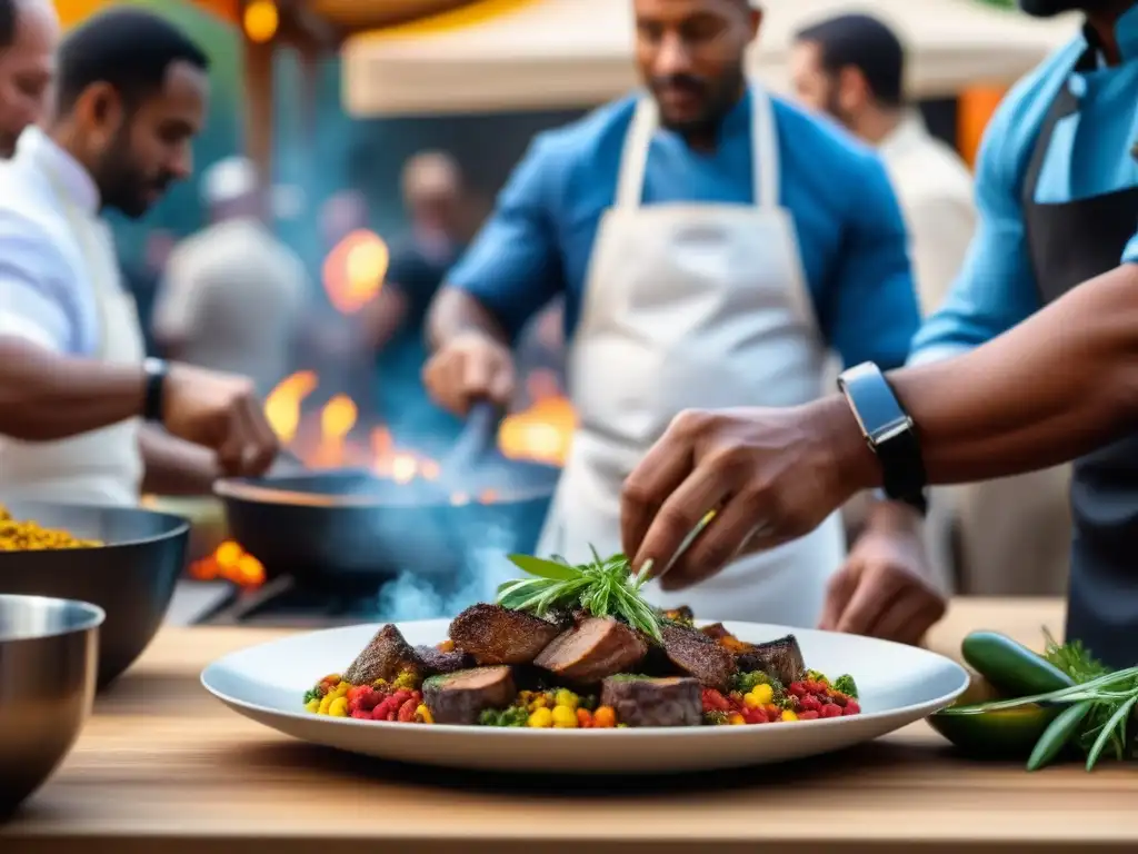 Un chef experto en cocina africana moderna en un festival, creando un plato vibrante y detallado con precisión y arte