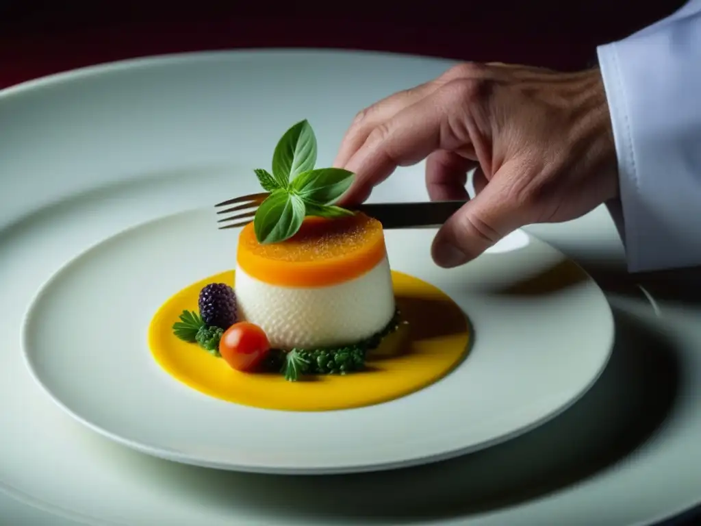 Un chef experto en Cocina Americana Moderna Época Dorada plantea con precisión un plato colorido y texturizado en un plato de porcelana blanco