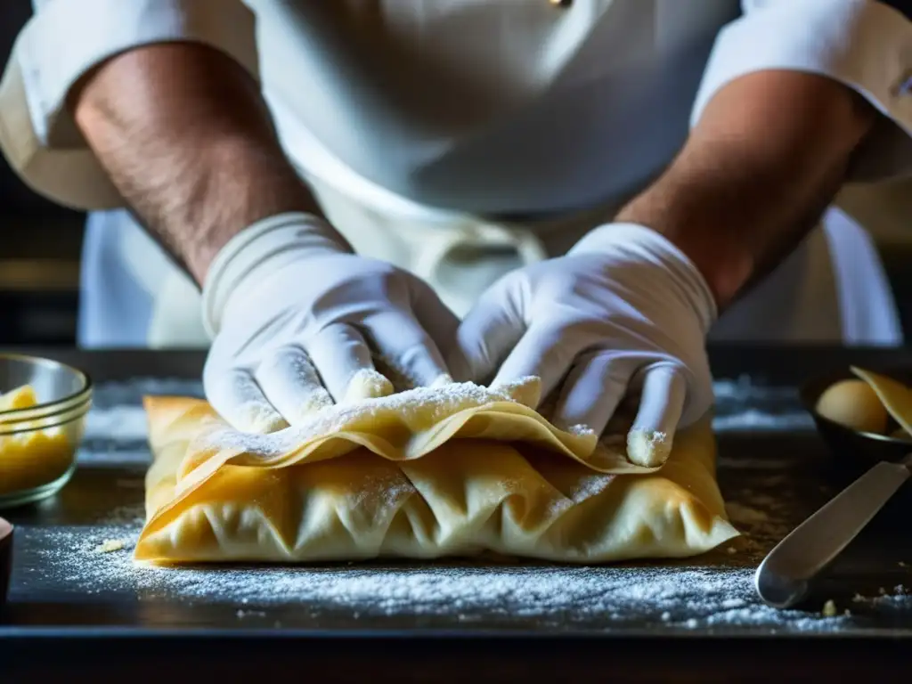 Chef experto en cocina europea americana del siglo XIX, elaborando hojaldre con destreza en una cocina histórica