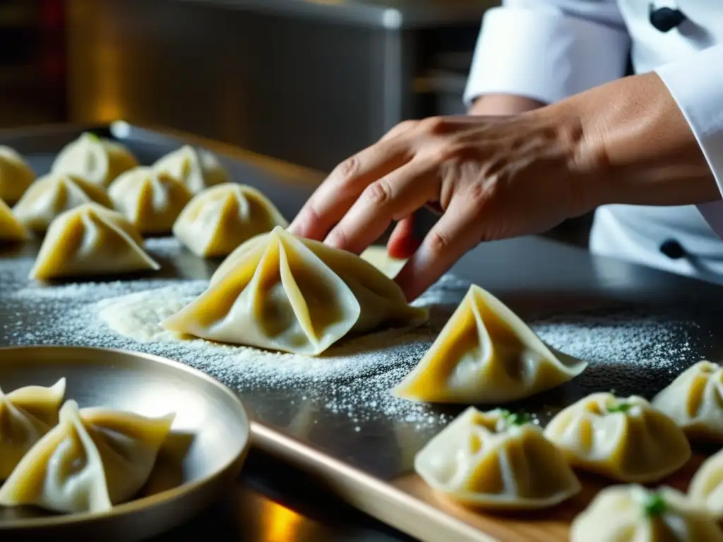 Un chef experto en cocina asiática influenciada por Europa prepara dumplings en una cocina fusionada