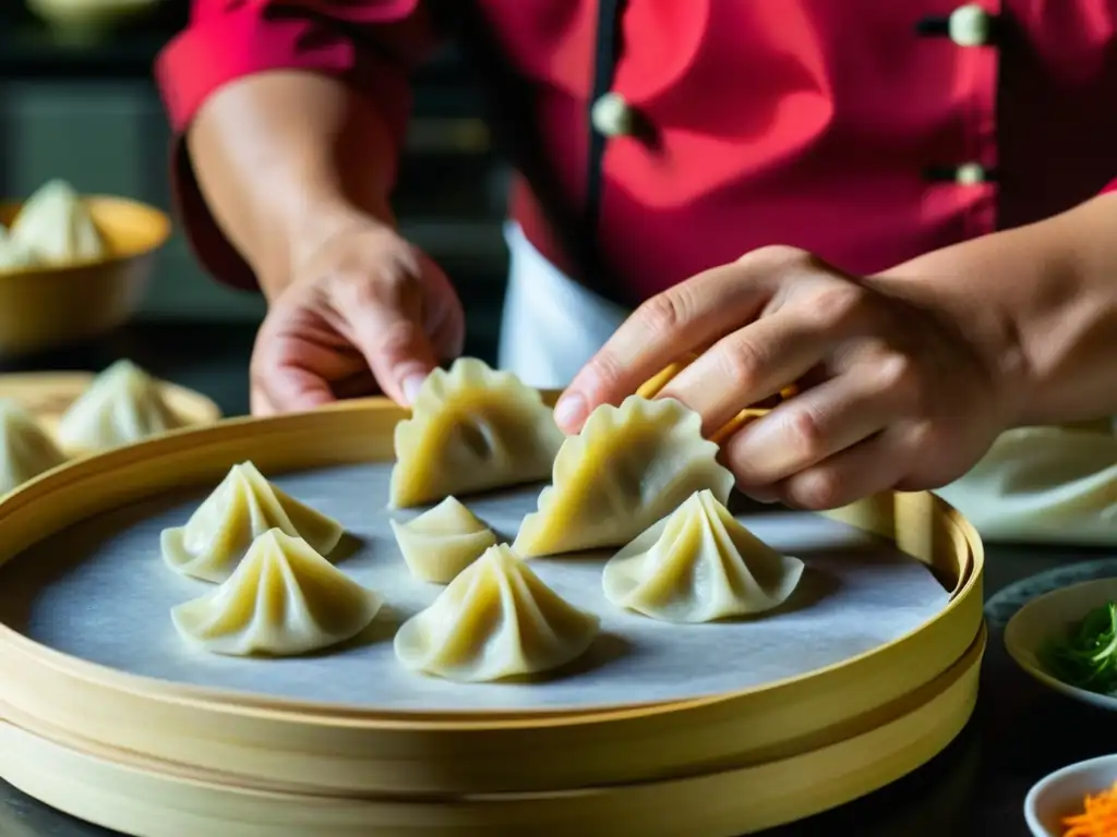 Chef experto elaborando dumplings en cocina imperial china, muestra destreza y arte culinario