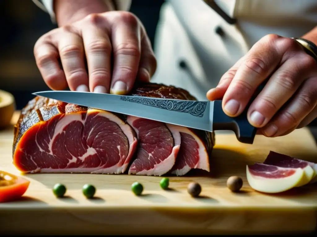 Un chef experto en cocina histórica corta con precisión una pieza de carne, mostrando patrones de grasa y fibras musculares